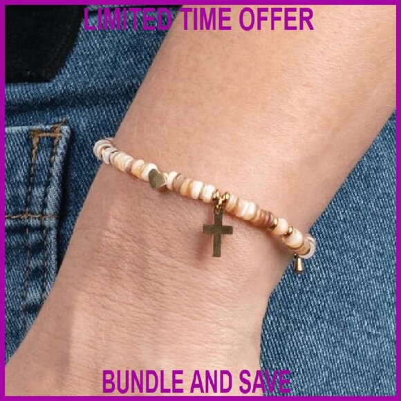 Natural Shell Beaded Bracelet with Cross Heart Charms Gold Plated Adjustable - Picture 7 of 7